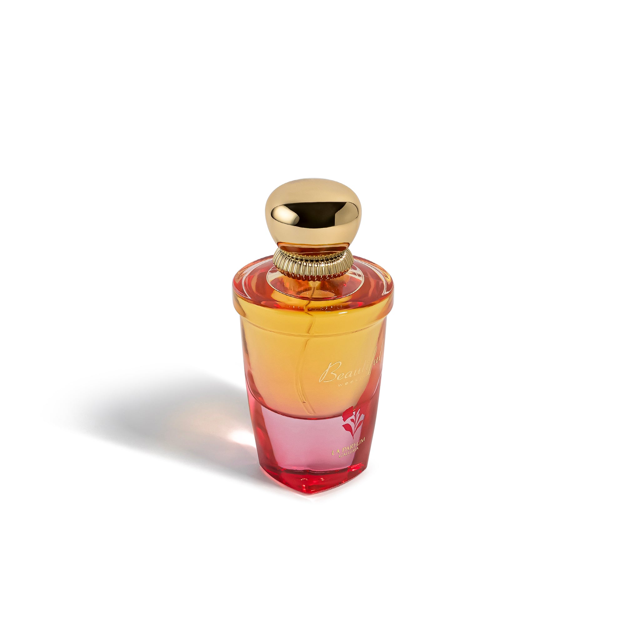 beautiful weekend Perfume bottle with a gold cap on a white background