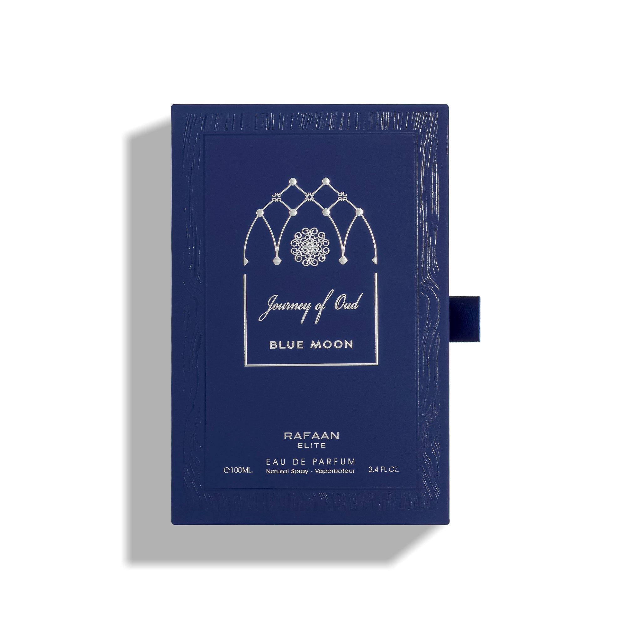 blue packaging of 'Journey of Oud Blue Moon' by Rafaan on a white background