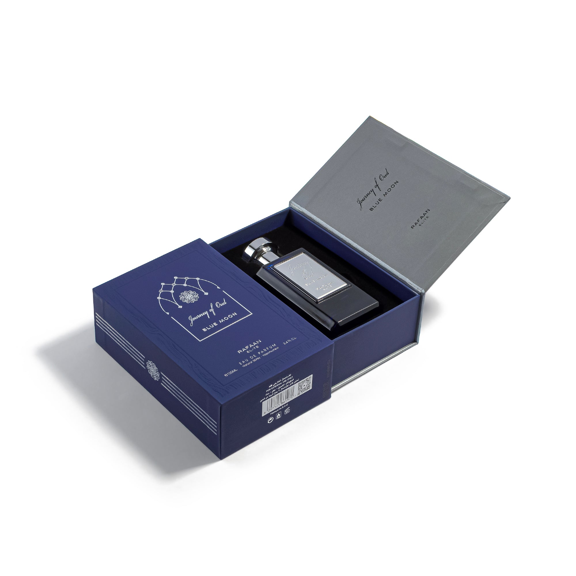 Journey of Oud Blue moon box open on a white background