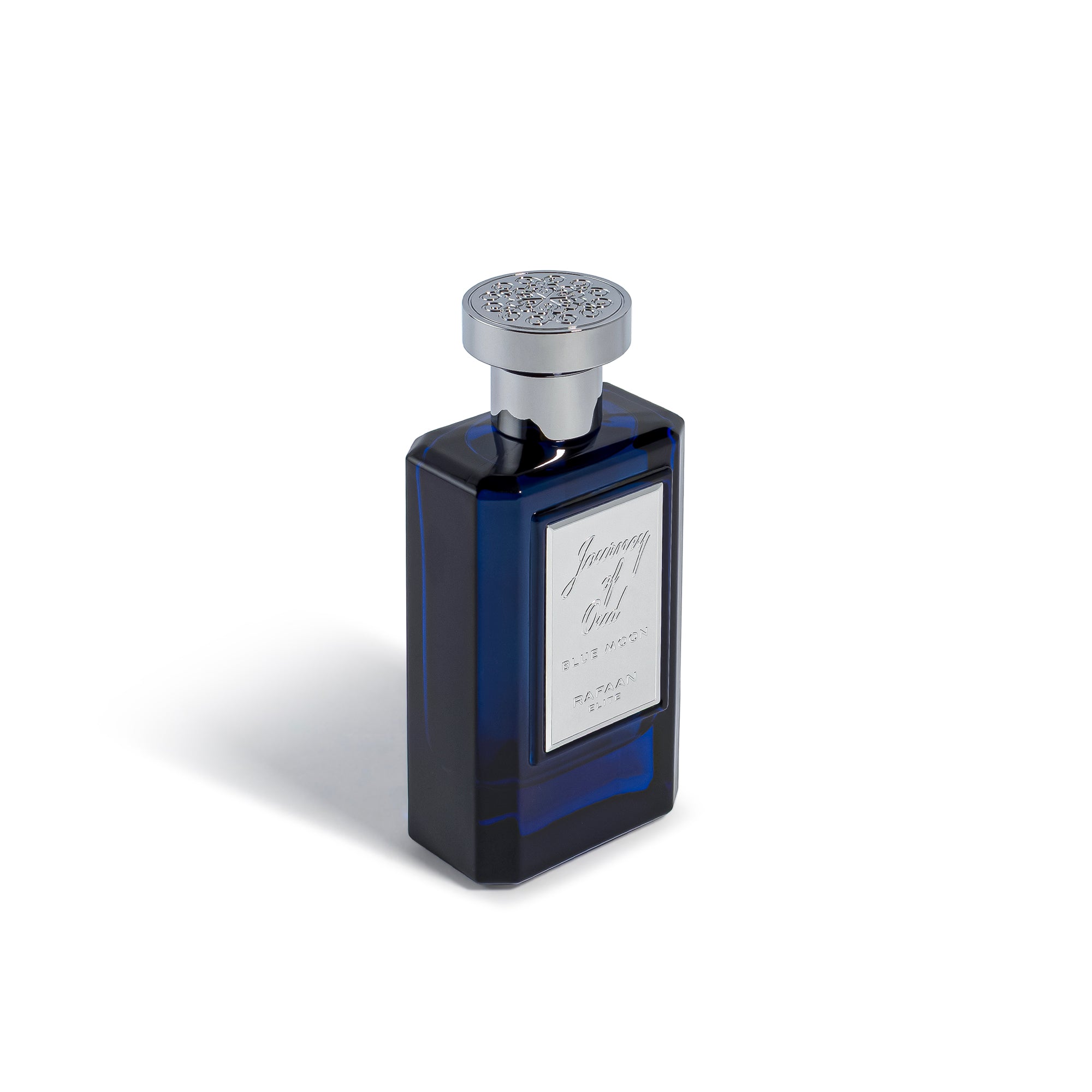 Journey of Oud Blue moon perfume bottle with silver cap on a white background