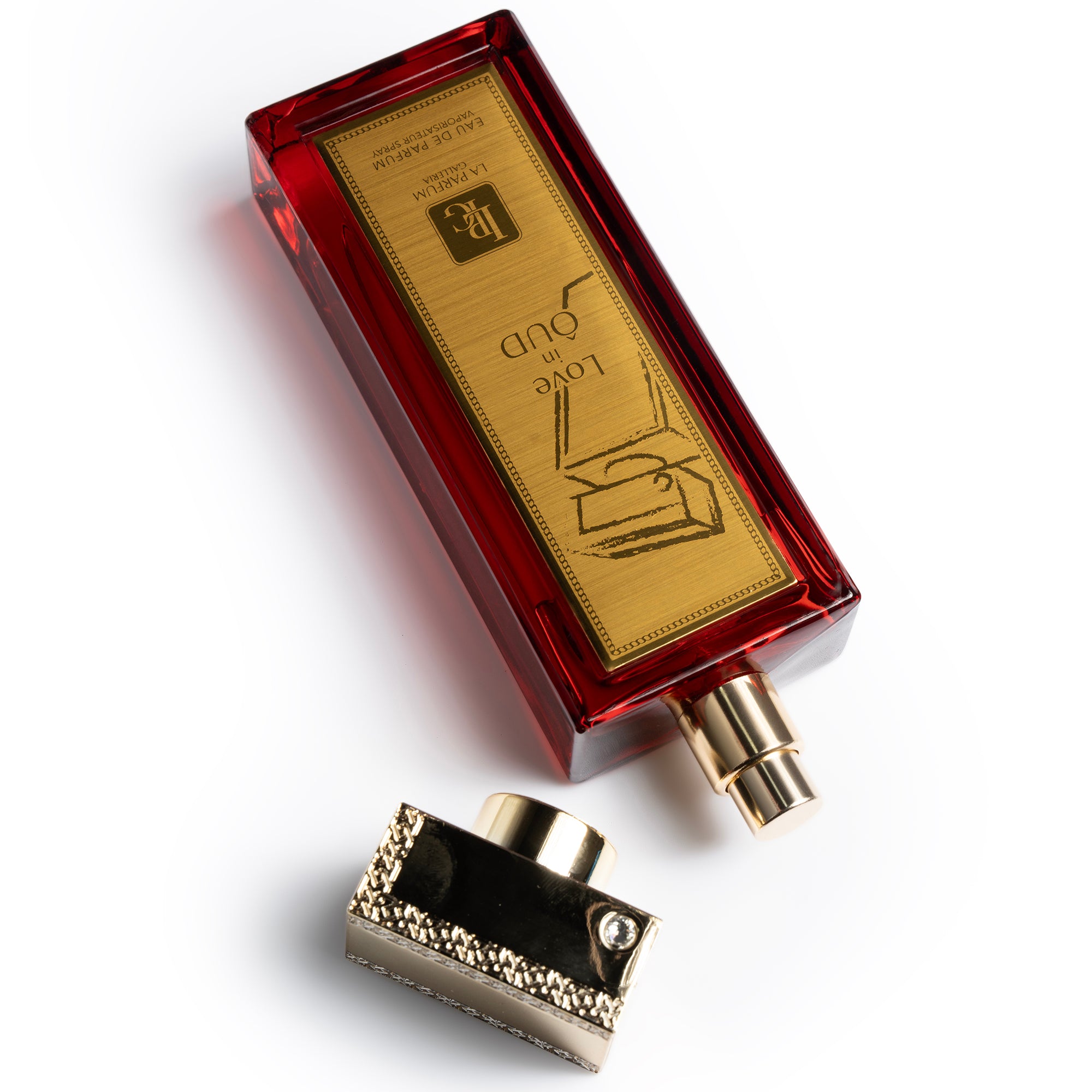Love in Oud Perfume Bottle With Cap off By La Parfum Galleria