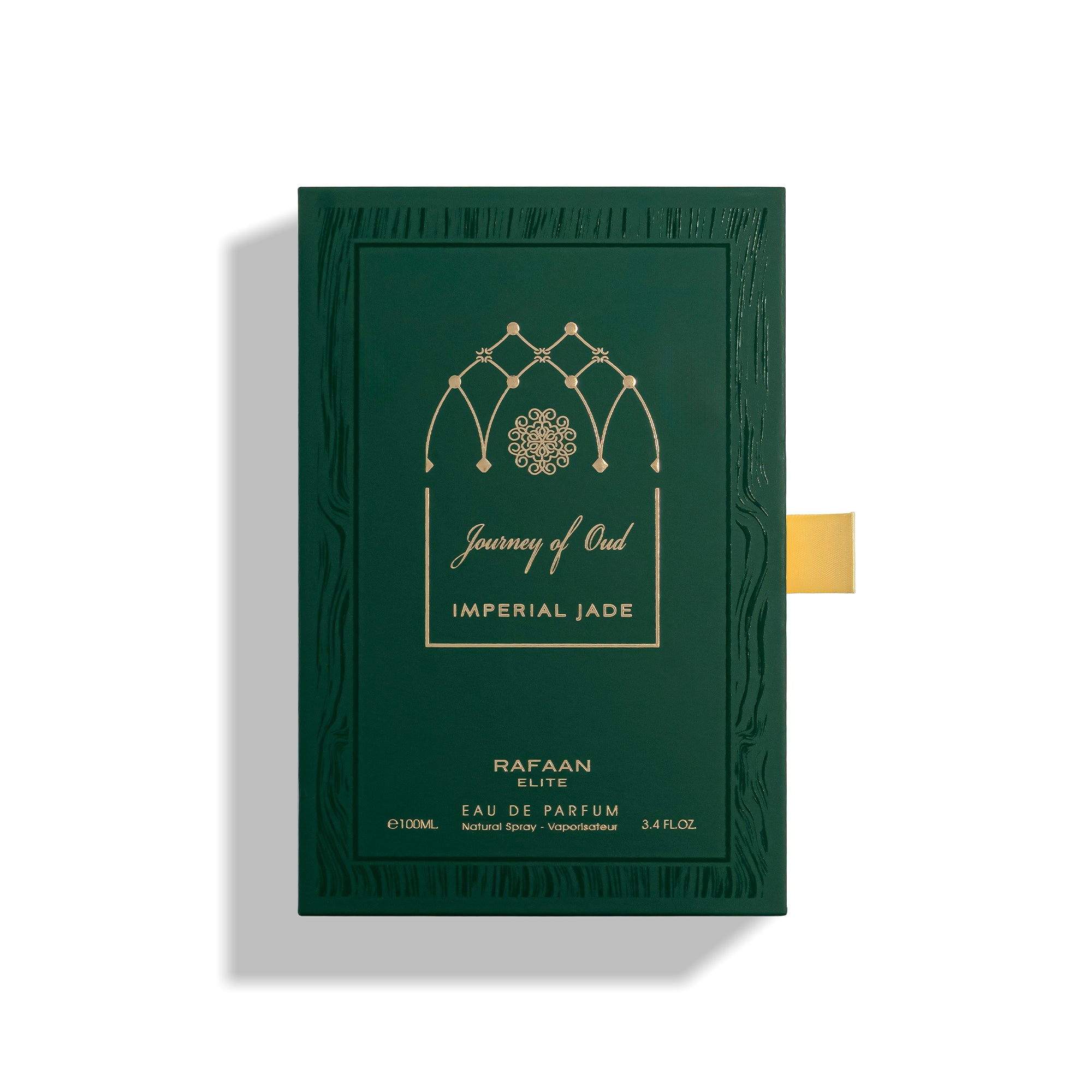 Journey of Oud Imperial Jade perfume packaging with gold text on a white background