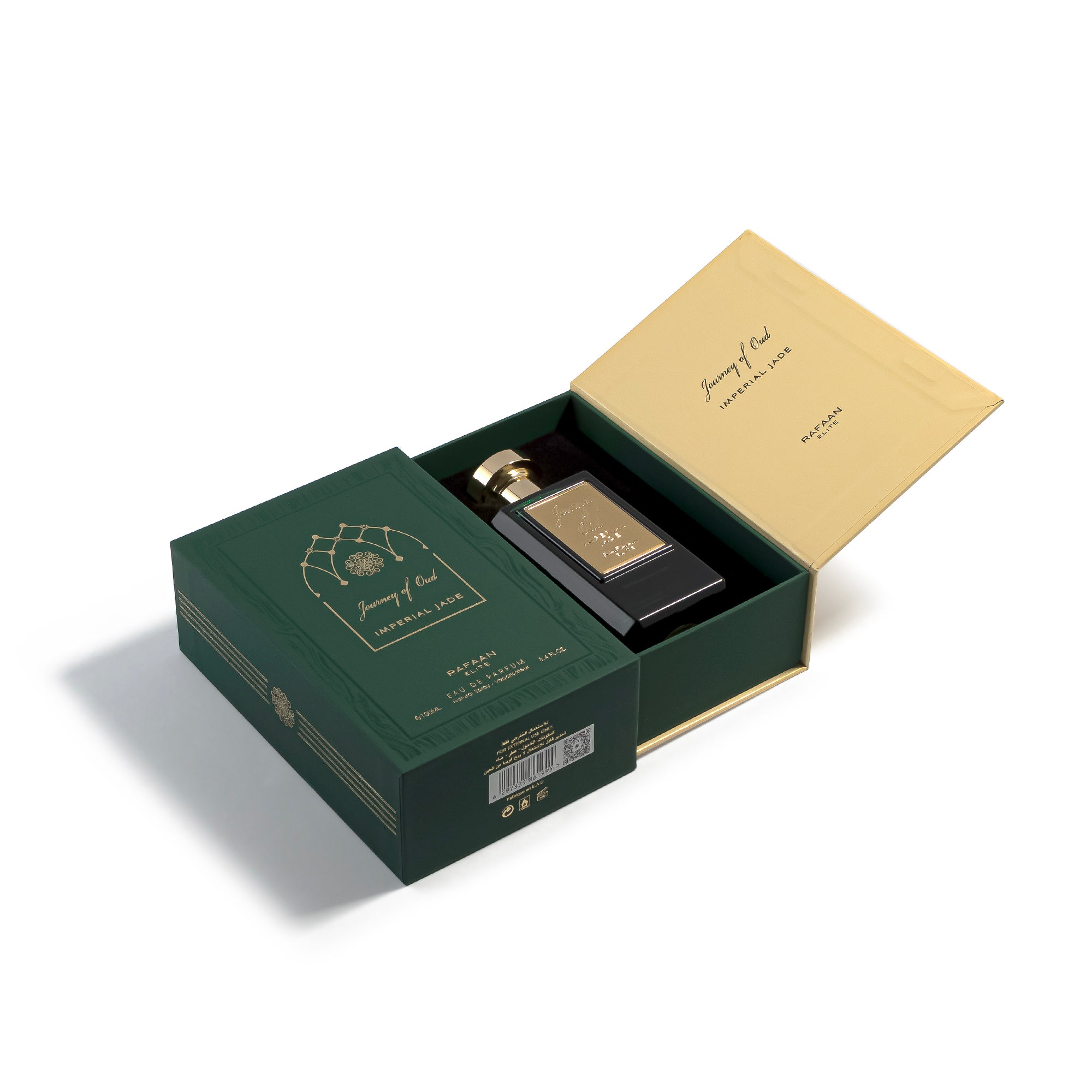 Journey of Oud Imperial Jade Perfume bottle in a green box with a gold lid on a white background