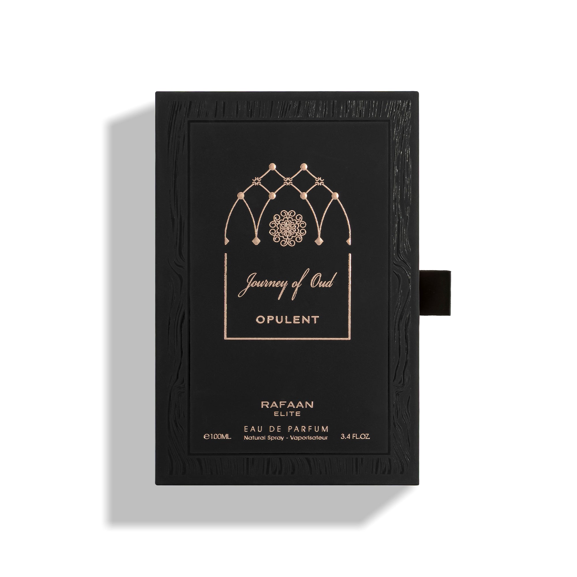 journey of oud opulent perfume bottle packaging with gold text and design on a white background