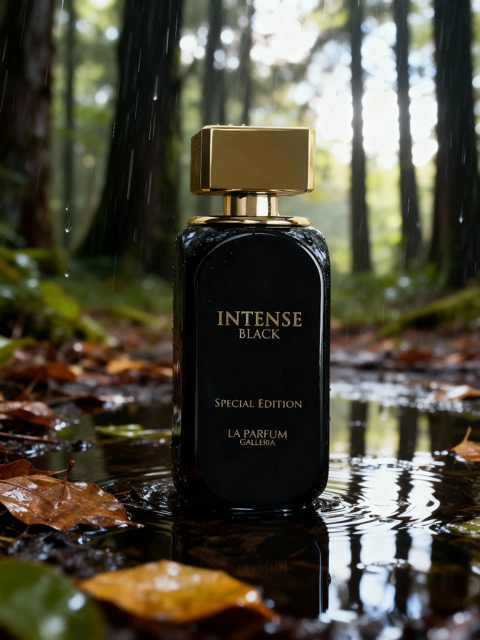 La Parfum Galleria Intense Black perfume standing in water under rain, wet leaves and forest background; lemon, sage, praline, woods.