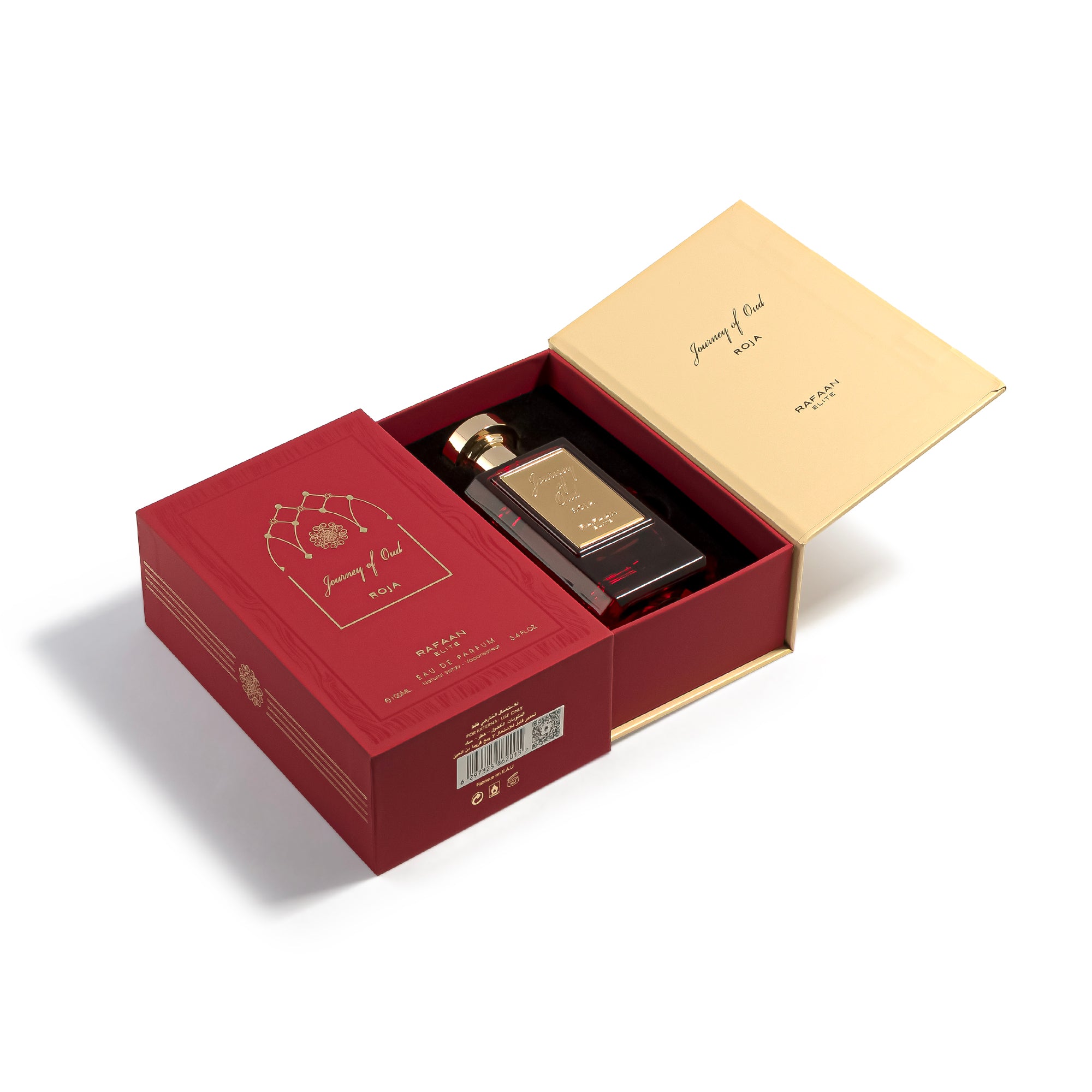 journey of oud roja Perfume bottle in a red and gold box on a white background