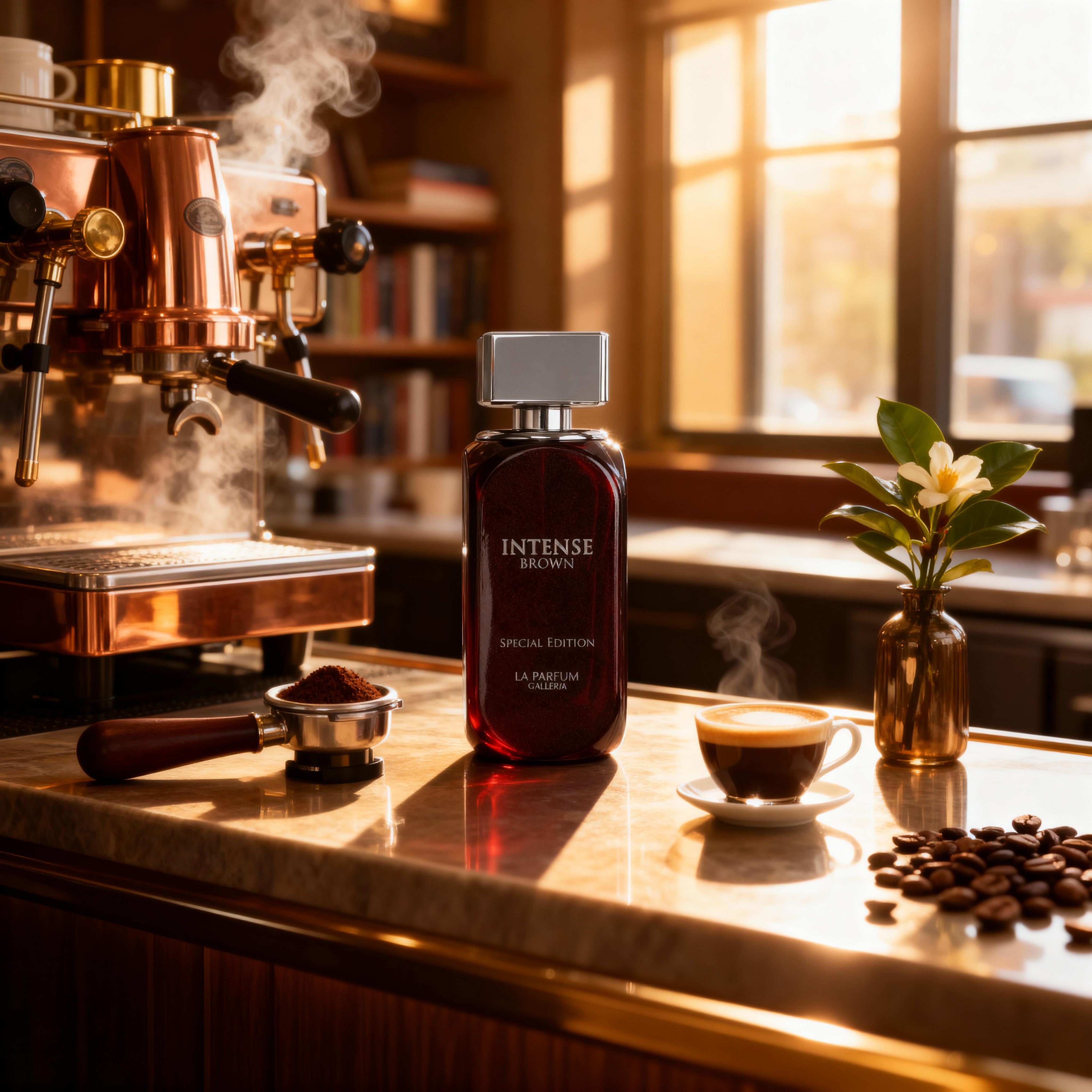 Intense Brown by La Parfum Galleria — Special Edition EDP on café counter with espresso; coffee, vanilla & patchouli notes.