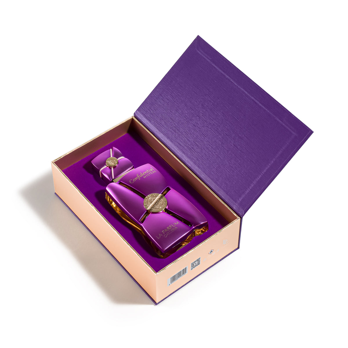 Confidential Mystère Eau de Parfum 100ml bottle inside its open presentation box on a white background