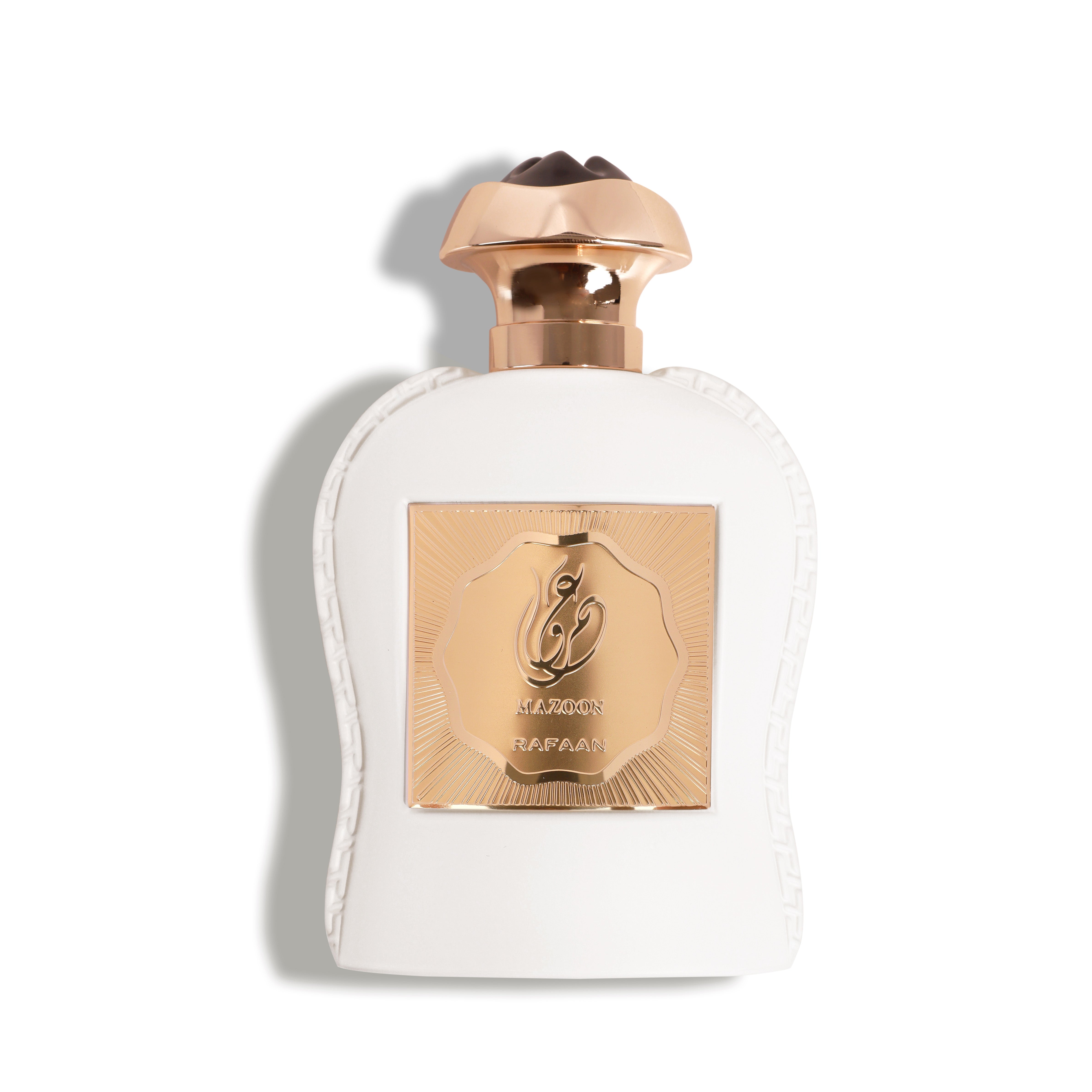 MAZOON RAFAAN Perfume bottle with gold cap and label on a white background