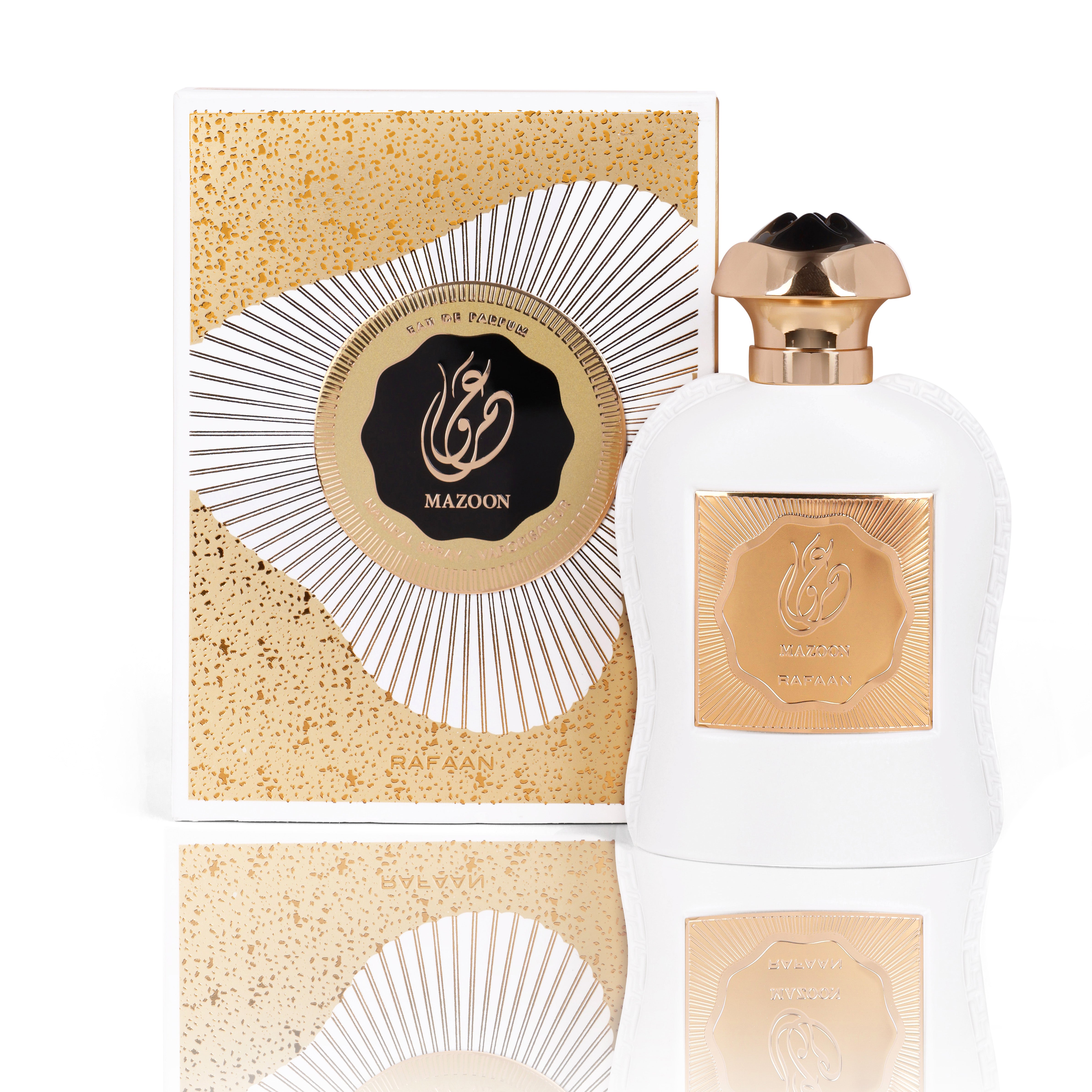 Perfume bottle with gold accents and packaging featuring the brand 'Mazoon' on a white background.