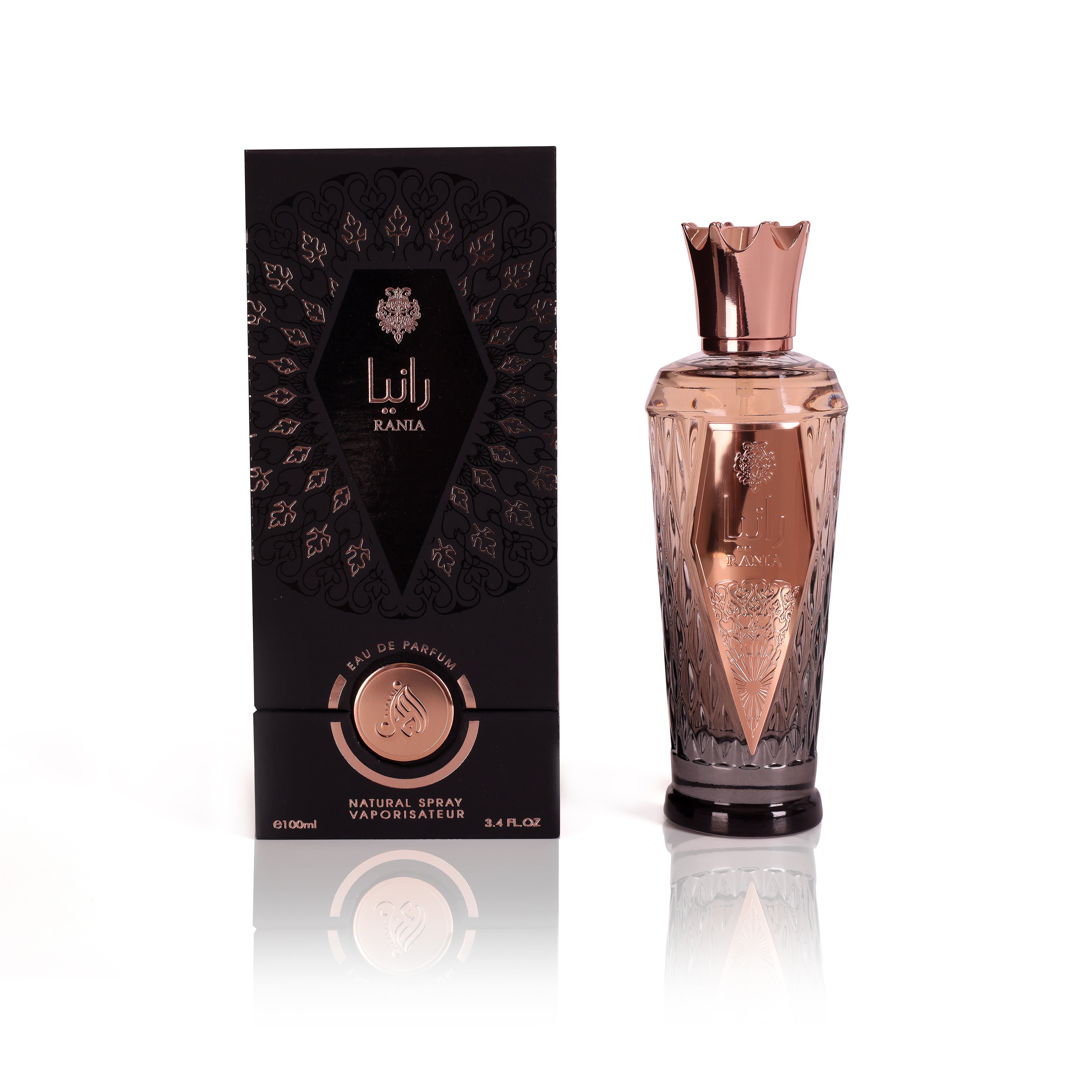 Rose gold perfume bottle with matching packaging on a white background