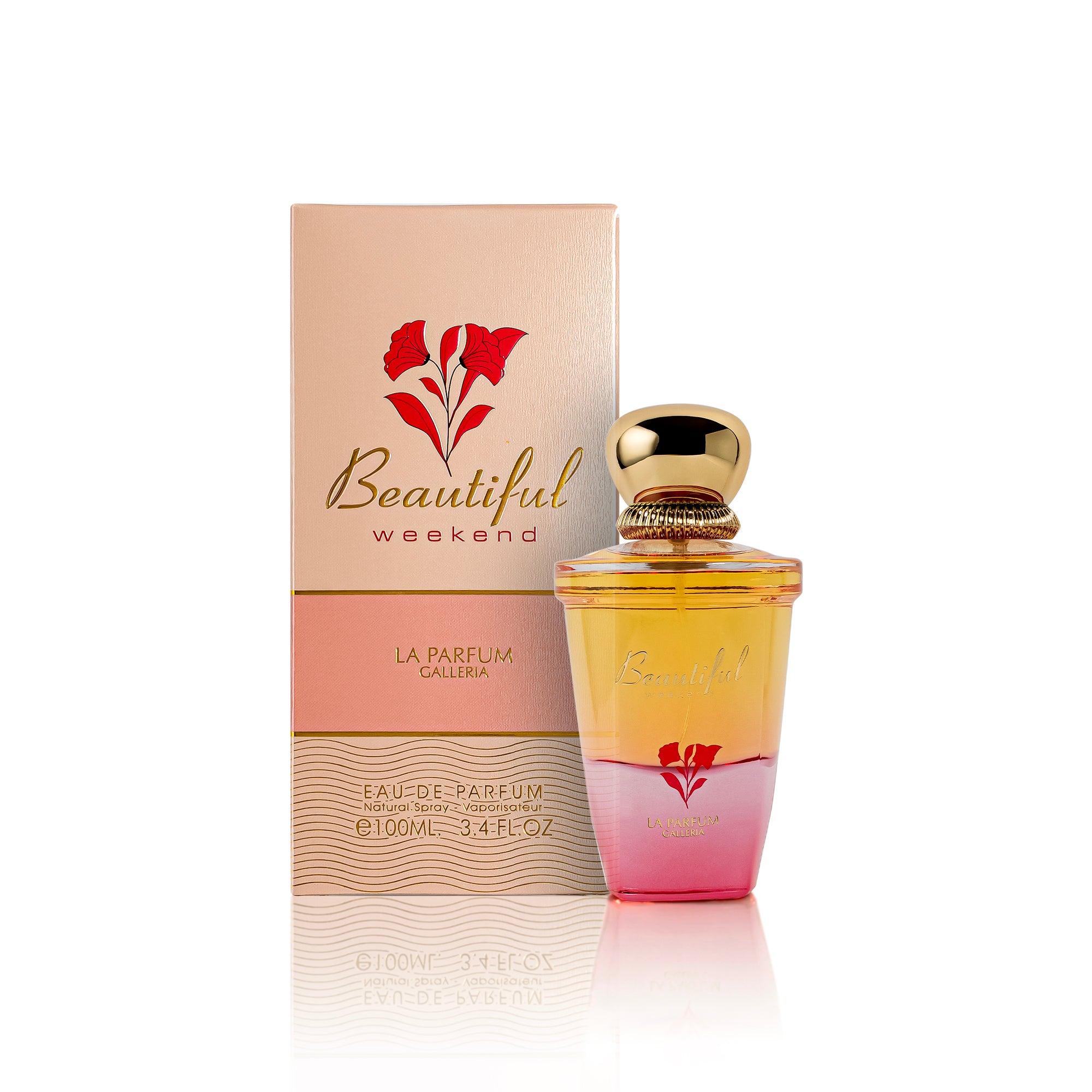 Perfume bottle and packaging with 'Beautiful Weekend' branding on a white background