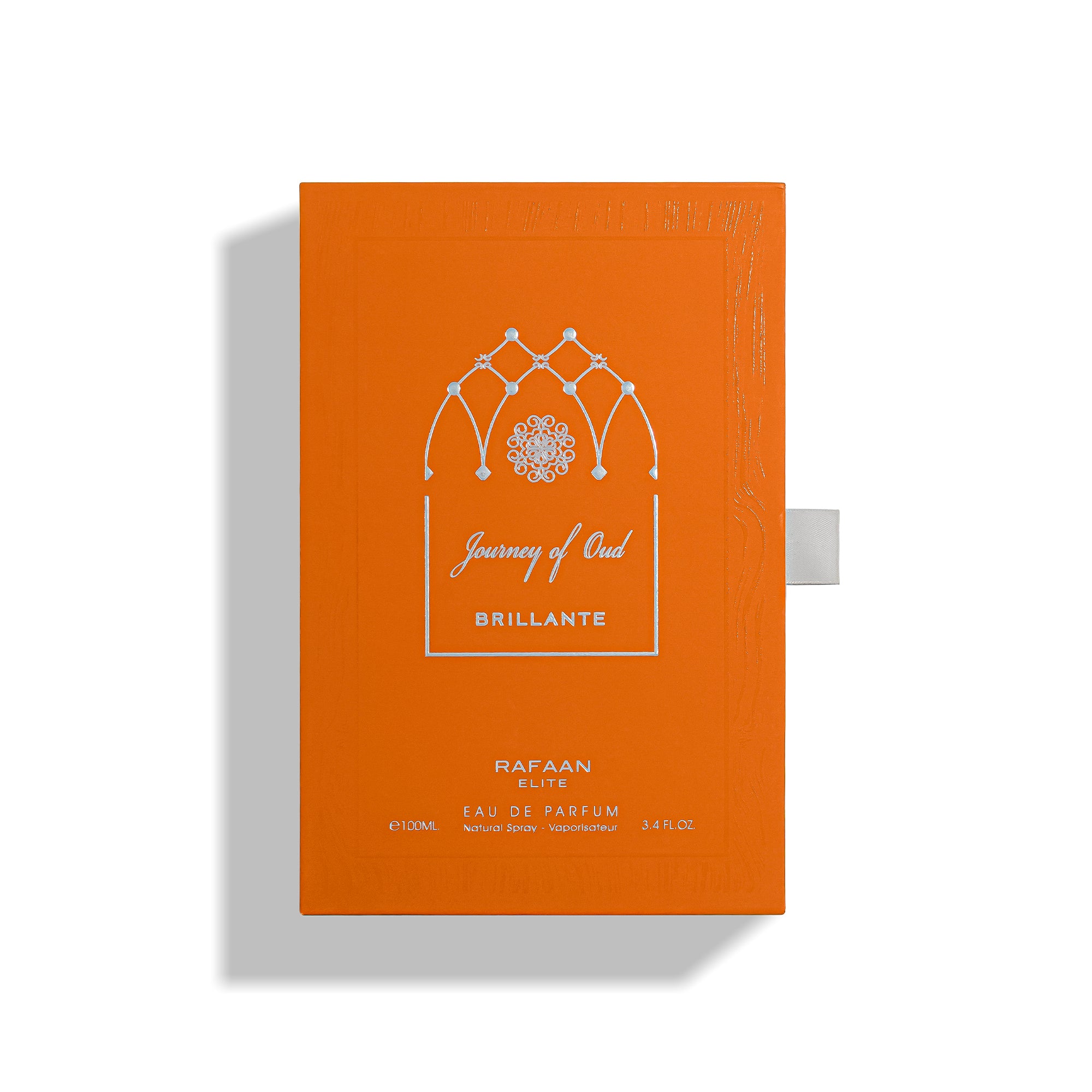 journey of oud brillante perfume bottle packaging with white text and design on a white background