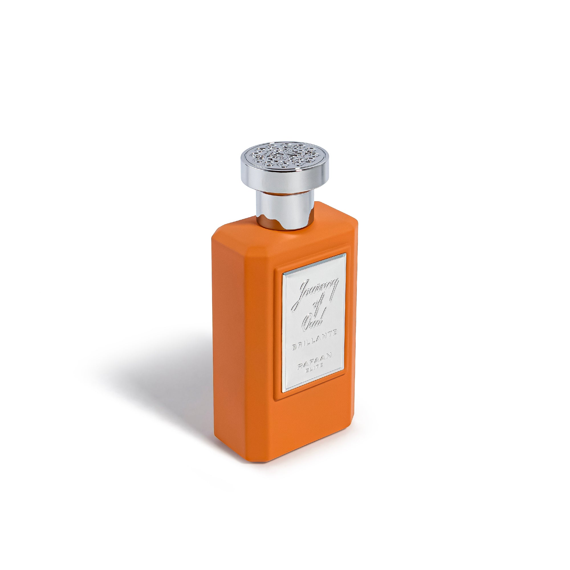 journey of oud brillante perfume bottle with silver cap on a white background