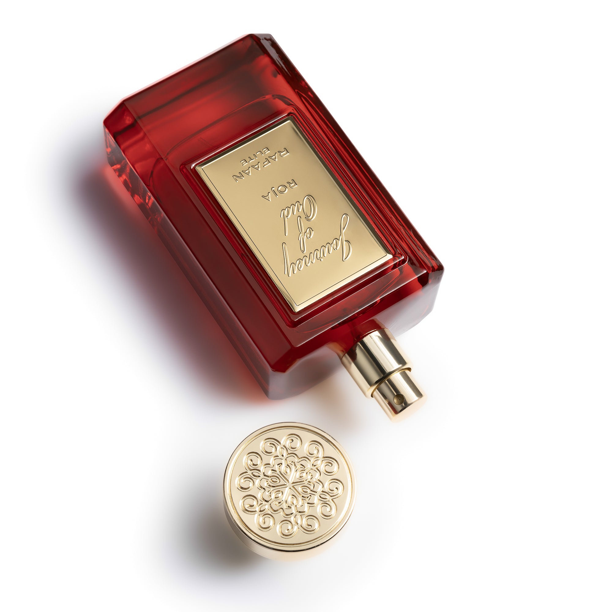 Journey of Oud Roja Perfume Bottle With Cap Off By La Parfum Galleria