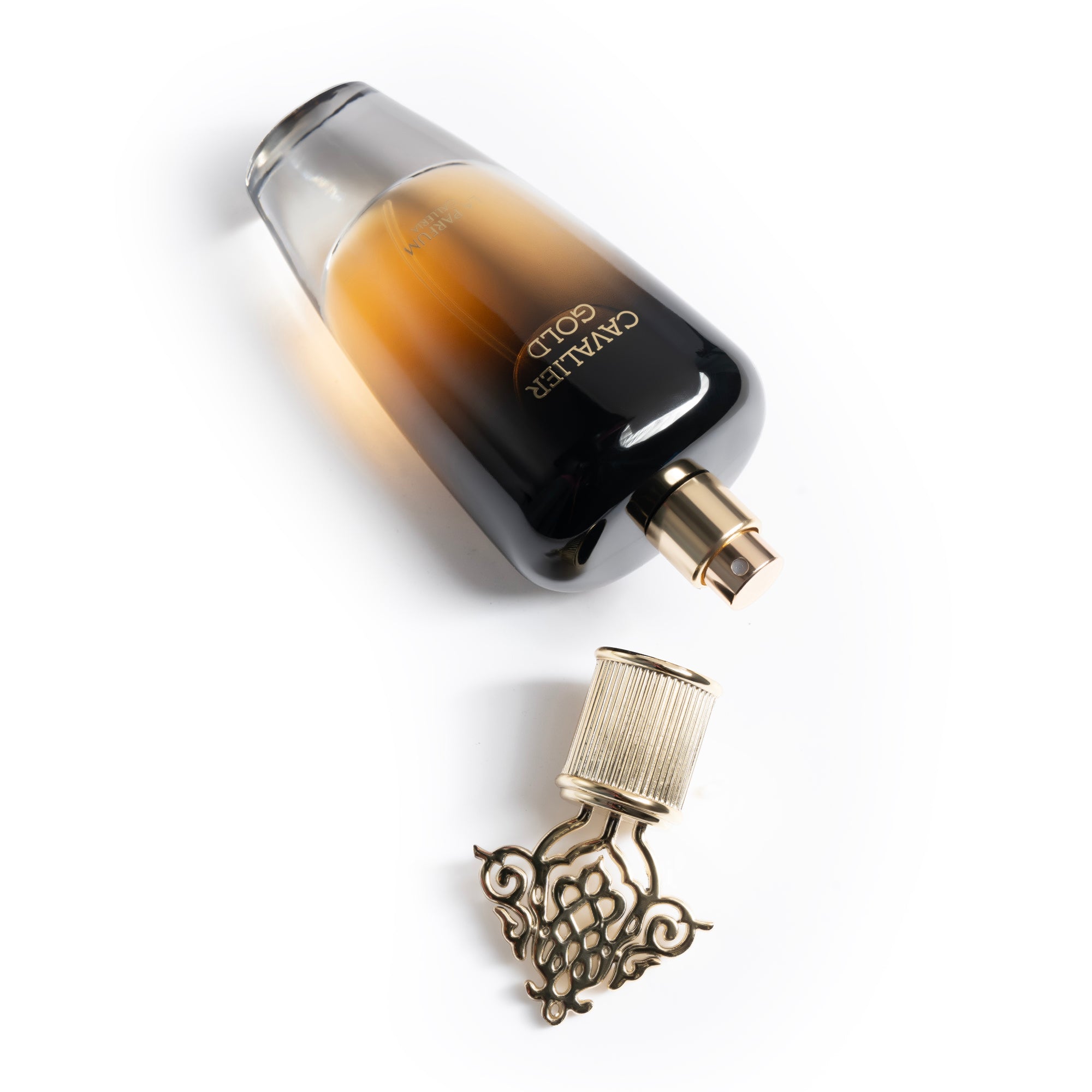 Cavalier Gold Perfume Bottle With Cap off By La Perfume Galleria