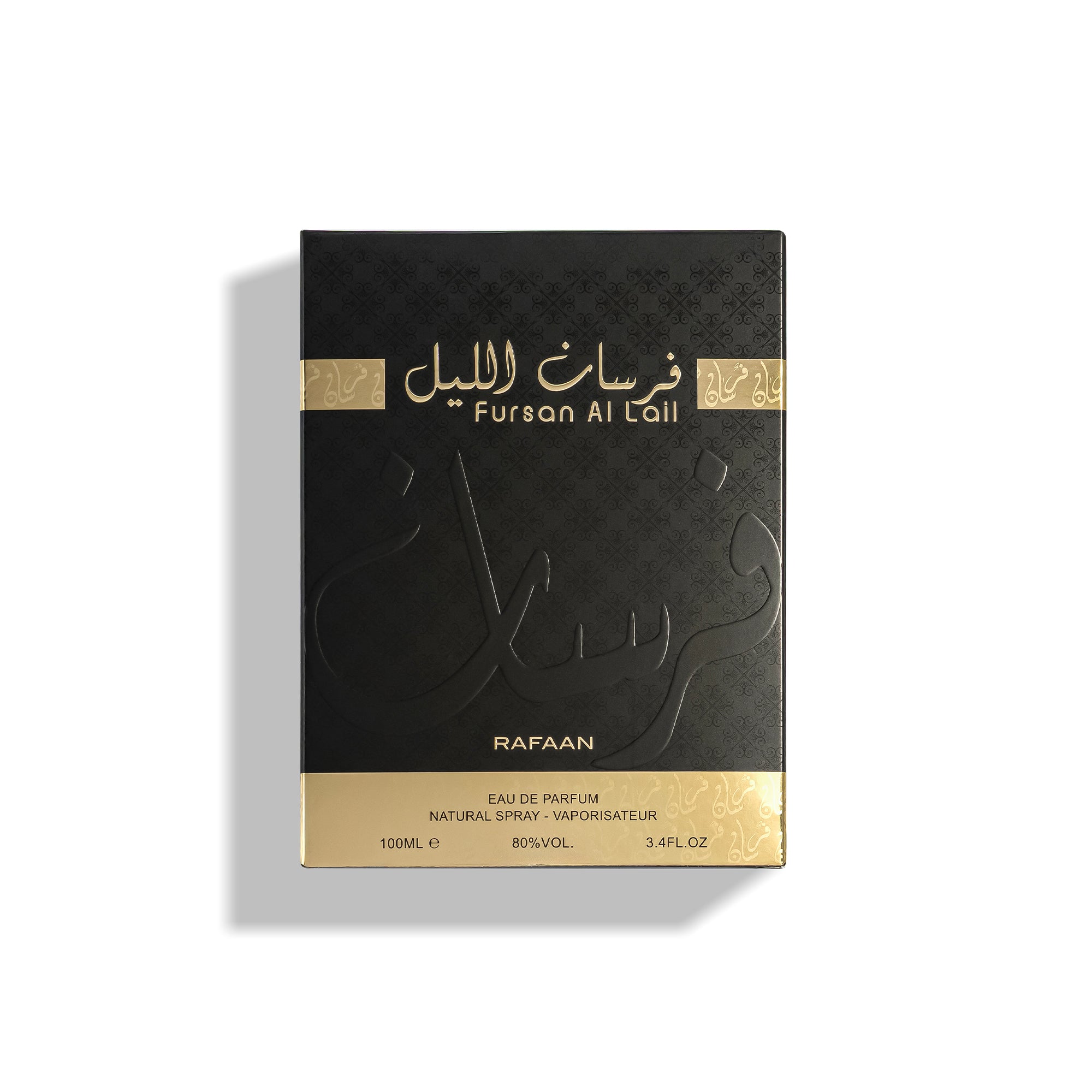 Black and gold packaging of Fursan Al Lail by Rafaan on a white background