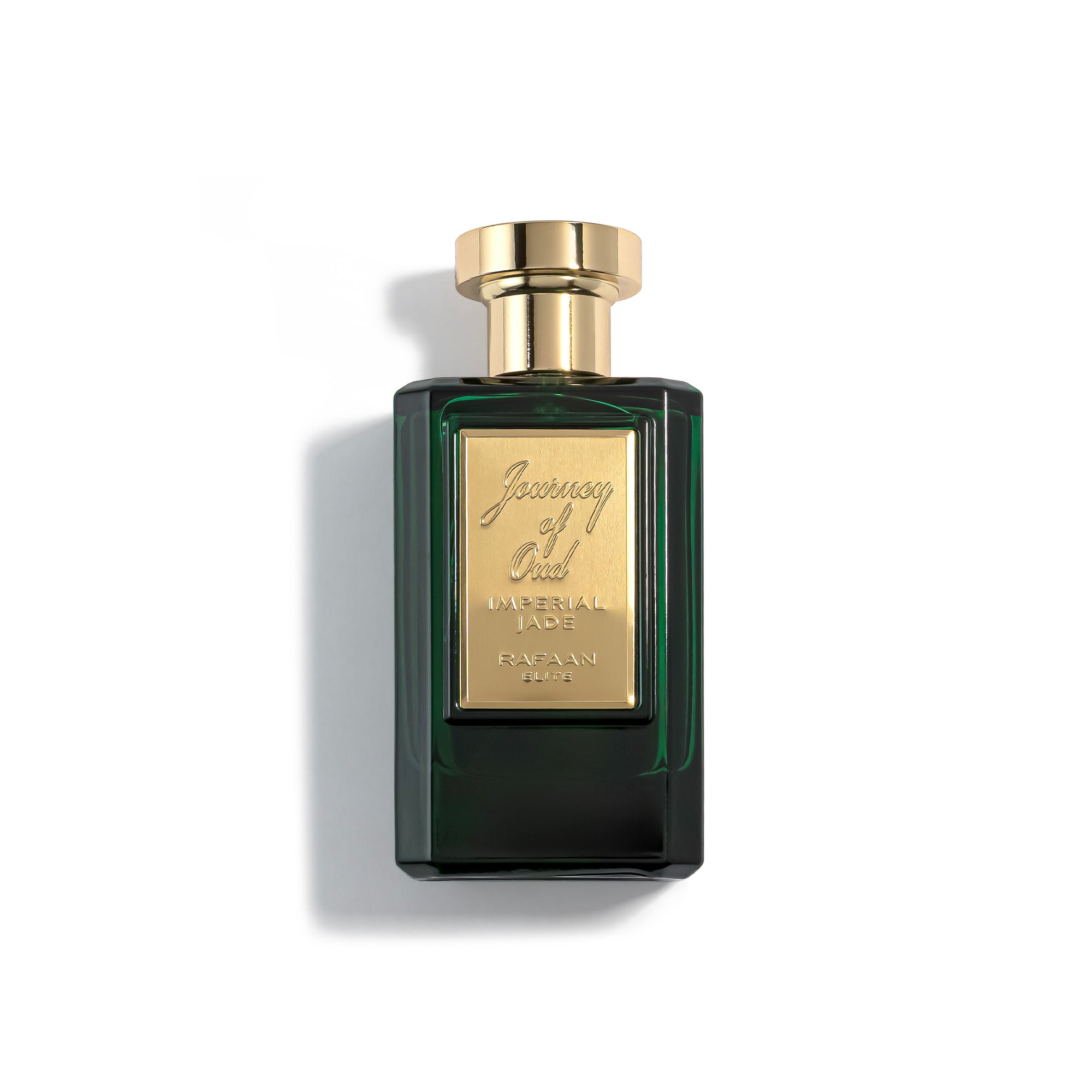 Journey of Oud Imperial Jade Perfume bottle with gold cap and label on a white background