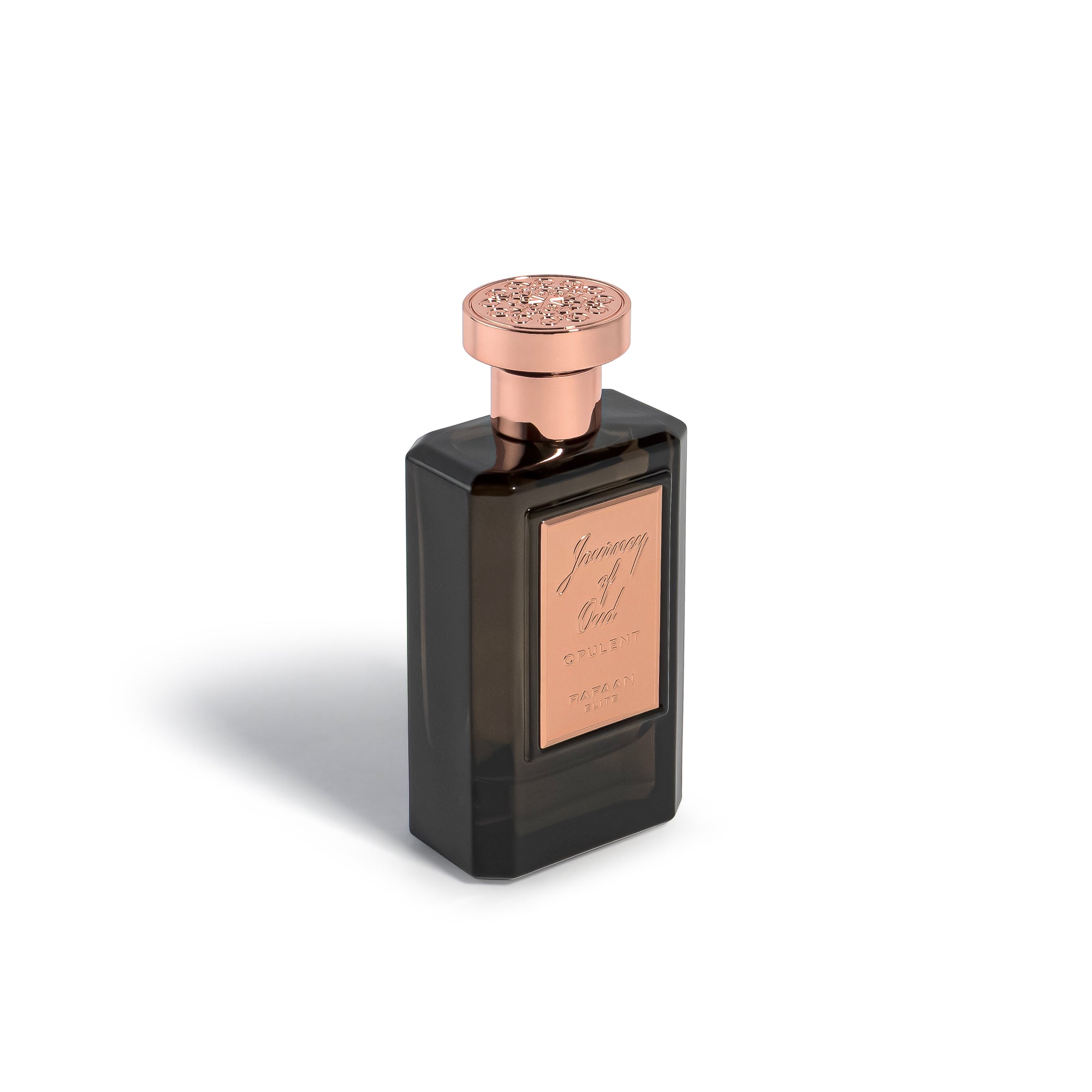 journey of oud opulent perfume bottle with rose gold cap on a white background