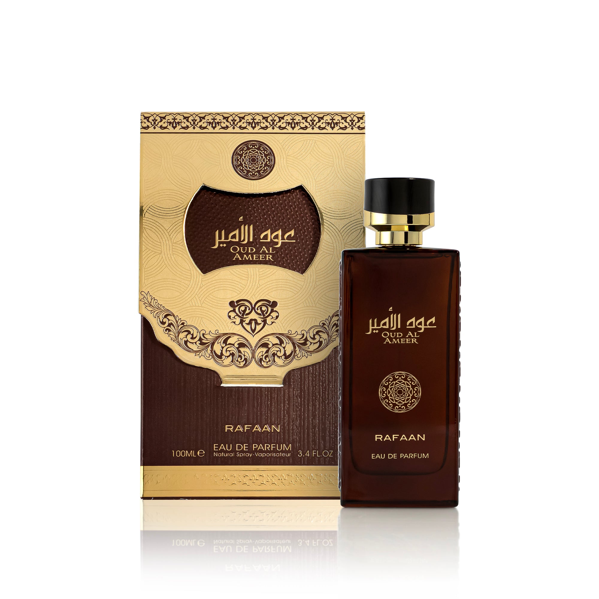 Oud Ameer Rafaan Eau de Parfum bottle and packaging on a white background