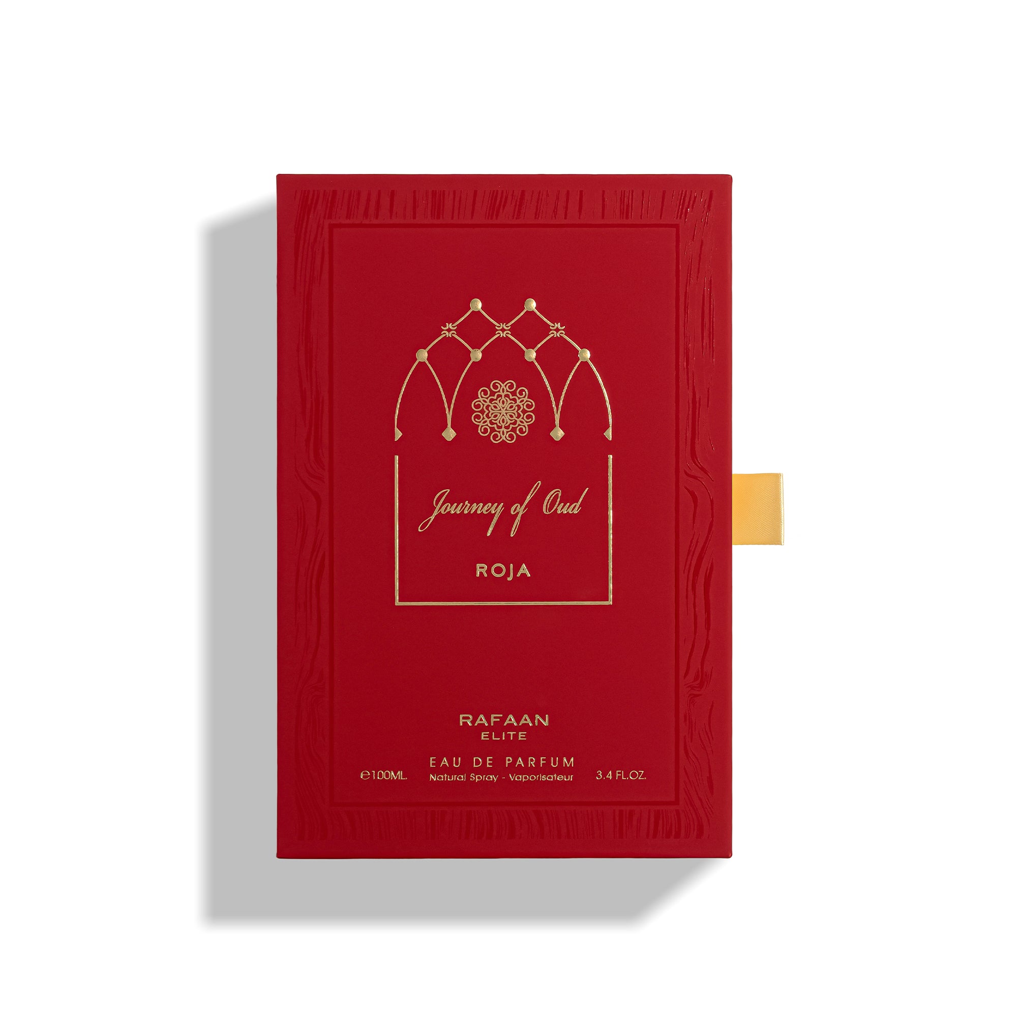 journey of oud roja perfume packaging with gold design and text on a white background